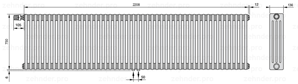 Схема (чертеж) Радиатор Zehnder Charleston 4075/48 №V007 Белый глянцевый RAL 9016